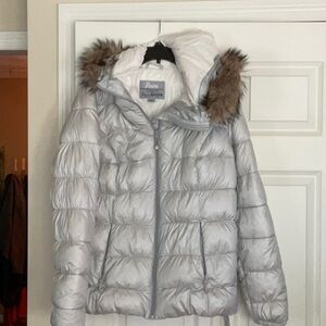 Eddie Bauer Silver Puffer Jacket with Removable Faux Fur Hood